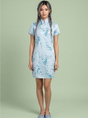 2125 - Light Blue Floral Cheongsam-Style Dress